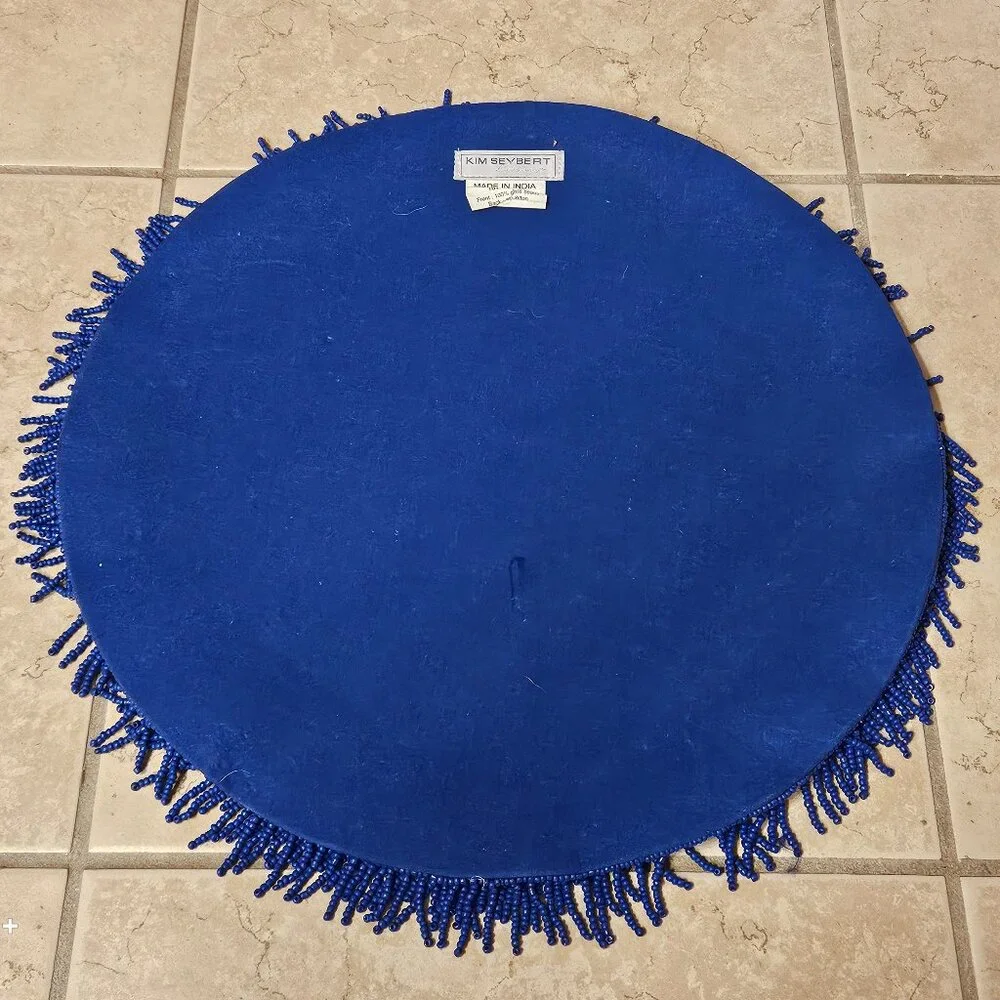 RARE KIM SEYBERT SUMMER BEACH OCEAN NAUTICAL CORAL BLUE FRINGE BEADED PLACEMAT